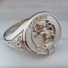 Load image into Gallery viewer, Cumming clan crest ring with celtic knots on sides in sterling silver