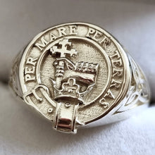 Load image into Gallery viewer, MacDonald Clan Crest Signet Ring with Celtic Trinity Knots on the sides, with motto PER MARE PER TERRAS from Scot Jewelry
