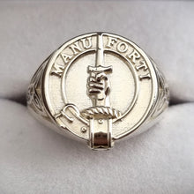 Load image into Gallery viewer, MacKay clan crest signet ring with celtic triquetra design on sides in sterling silver or gold - MANU FORTI