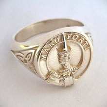 Load image into Gallery viewer, MacKay clan crest signet ring with celtic triquetra design on sides in sterling silver or gold - MANU FORTI