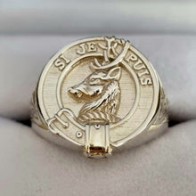 Load image into Gallery viewer, Colquhoun Clan Crest Signet Ring in box - celtic sides Scot Jewelry