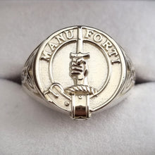Load image into Gallery viewer, MacKay clan crest signet ring with celtic triquetra design on sides in sterling silver or gold - MANU FORTI
