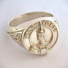 Load image into Gallery viewer, MacKay clan crest signet ring with celtic triquetra design on sides in sterling silver or gold - MANU FORTI
