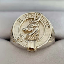 Load image into Gallery viewer, Colquhoun Clan Crest Signet Ring in box - celtic sides Scot Jewelry
