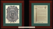 Load image into Gallery viewer, MacDonald clan crest and history displayed in frames
